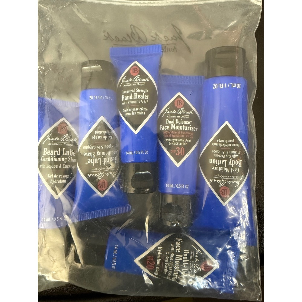 Jack Black Mens Skincare Travel Set‎ Beard Lube Moisturizer SPF Hand Healer 6pc